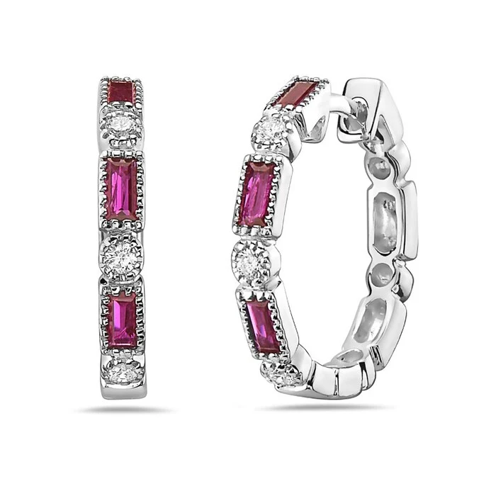 Baguette Ruby & Diamond Bezel Hoop Earrings