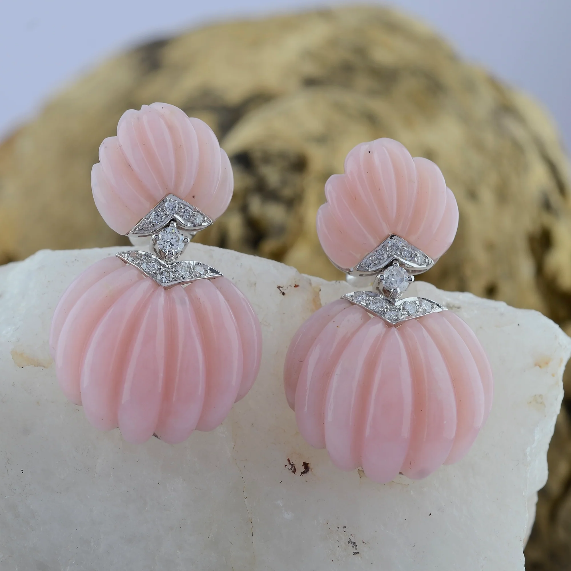 Carved Pink Opal & Diamond Deco Earrings - Image 2