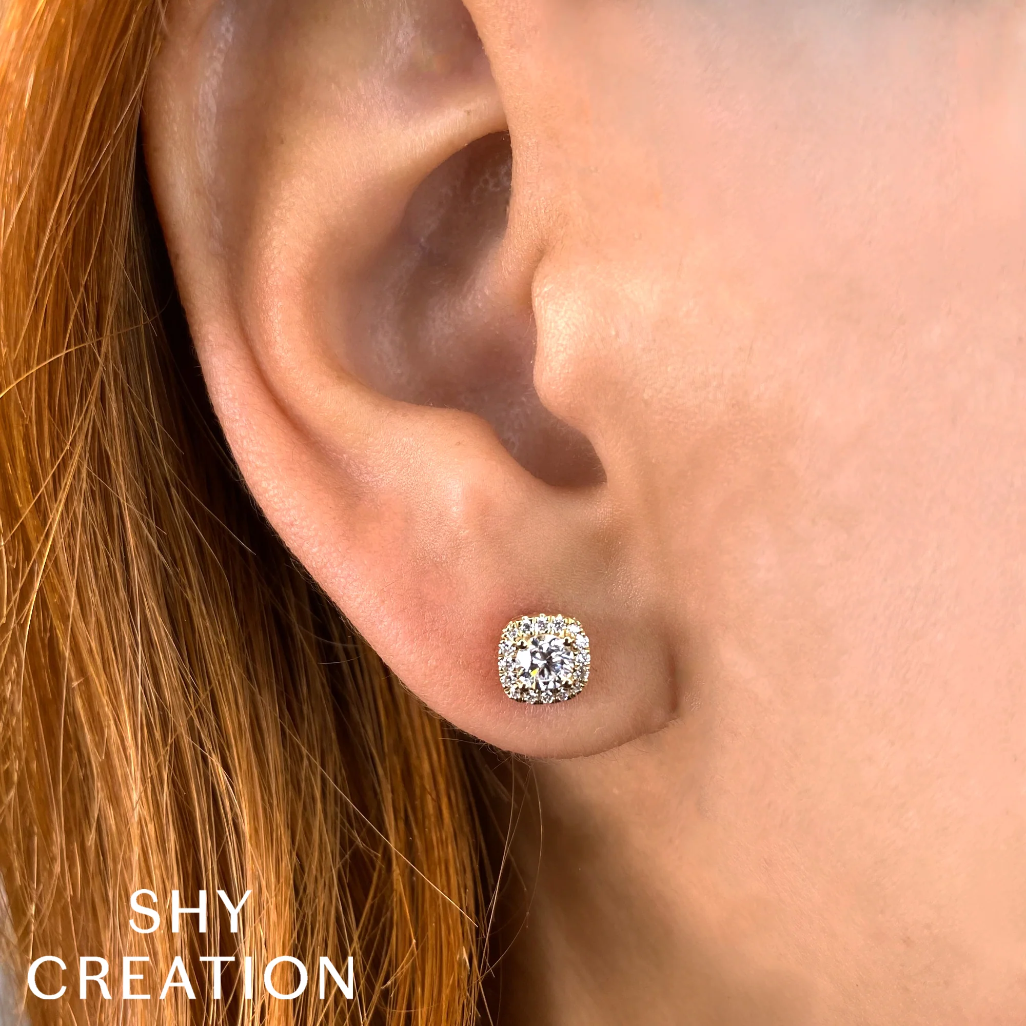 Diamond Cushion Halo Stud Earrings - Image 2