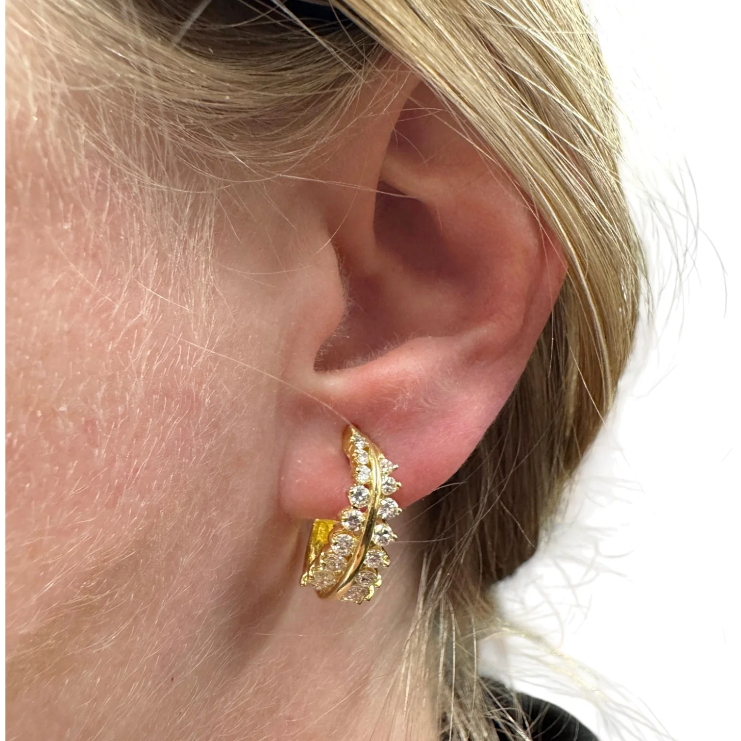 Estate 18k Diamond Curved Half Hoop Earrings - Image 4