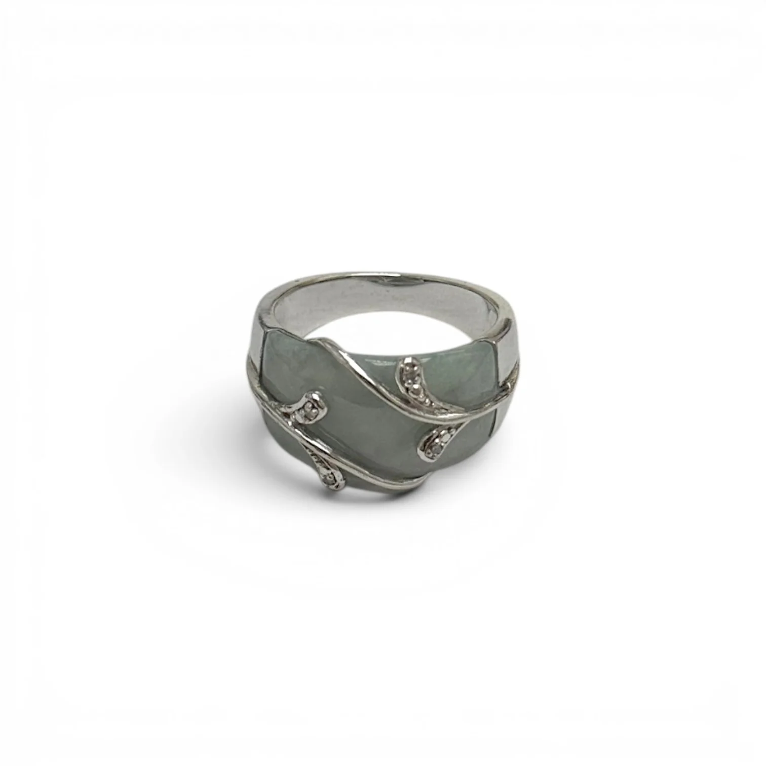 Estate Silver Pale Green Jadeite & Diamond Ring - Image 2