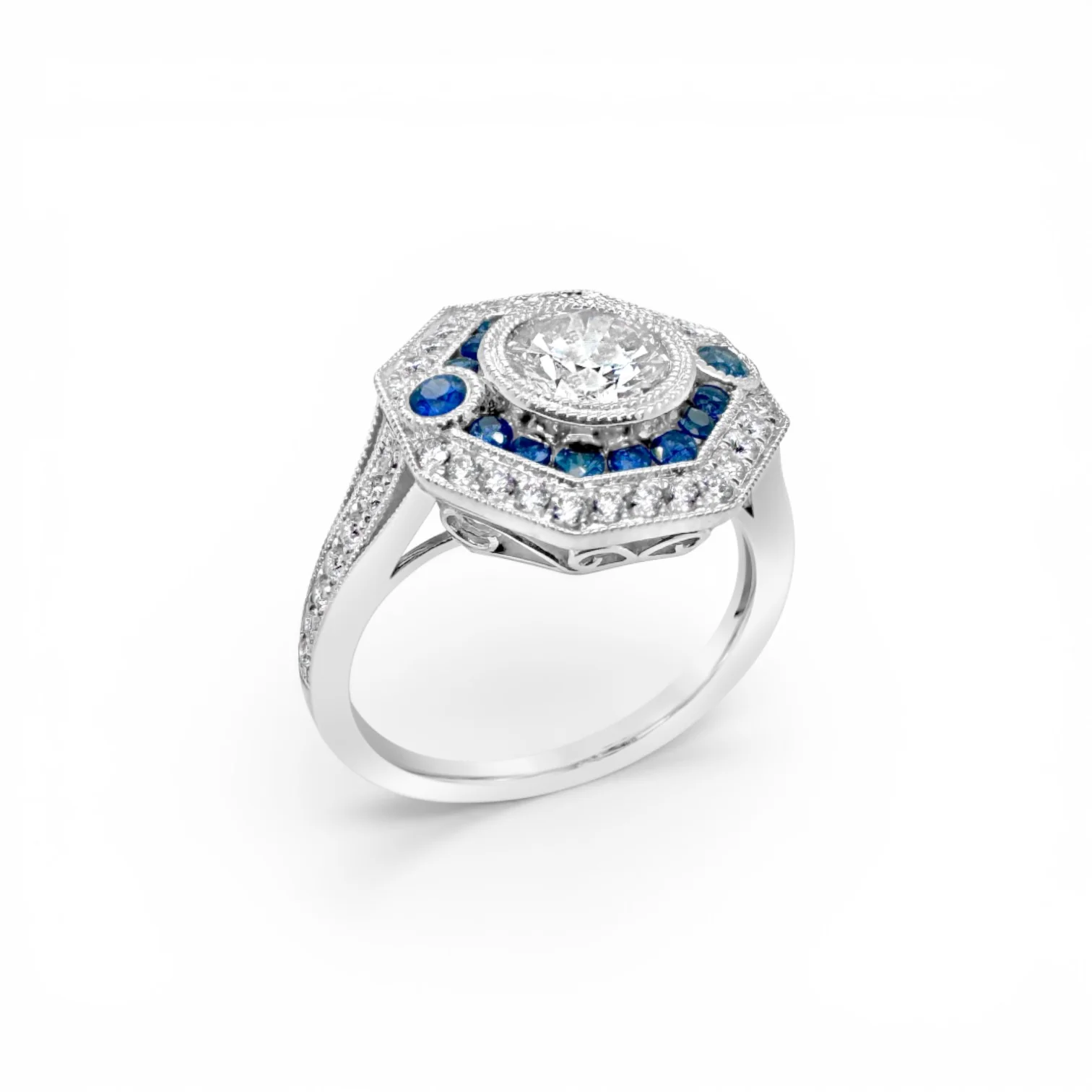 Round Diamond & Sapphire Deco Ring - Image 2