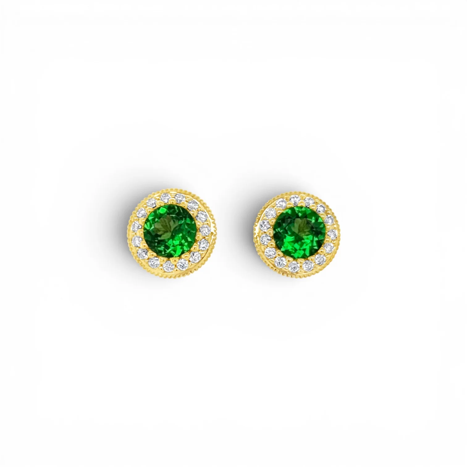 Round Tsavorite Garnet & Diamond Milgrain Halo Stud Earrings