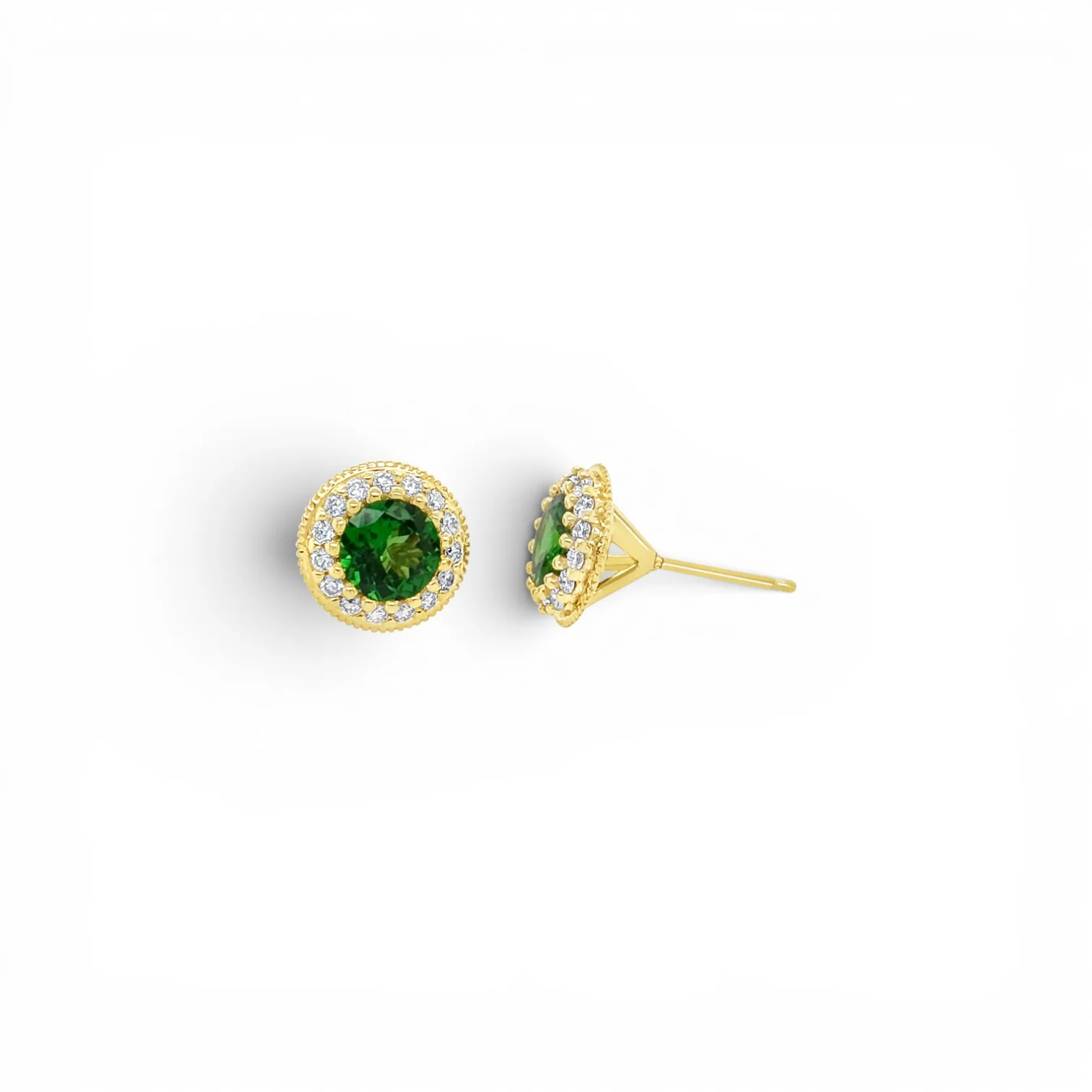Round Tsavorite Garnet & Diamond Milgrain Halo Stud Earrings - Image 2