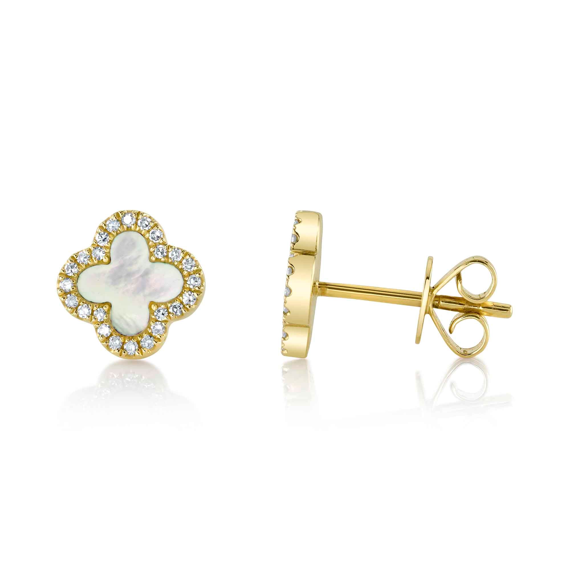 Tiny Mother of Pearl & Diamond Clover Stud Earrings - Image 2
