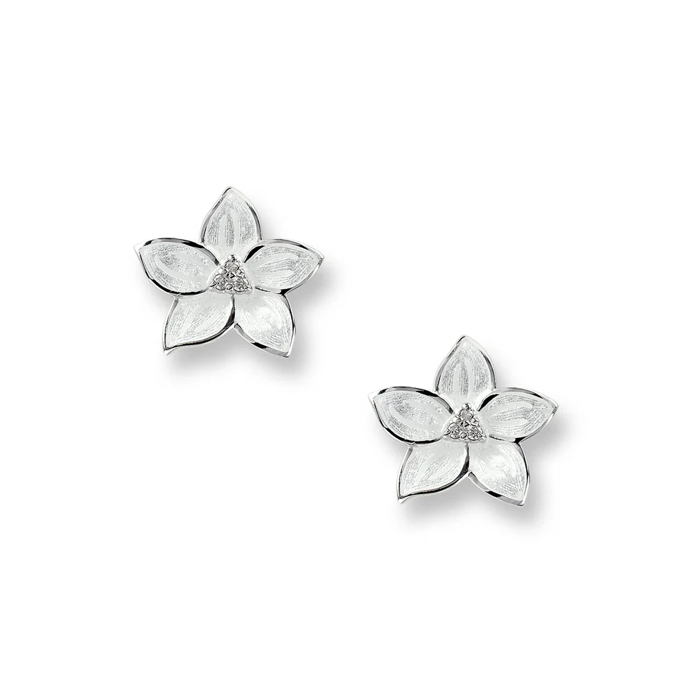 White Enamel Bridal Flower Stud Earrings